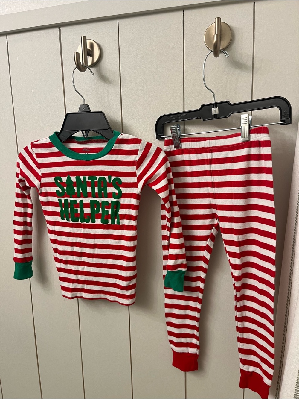 Kids Red & White Stripe 'Santa's Helper' Pajama Set with Green Trim